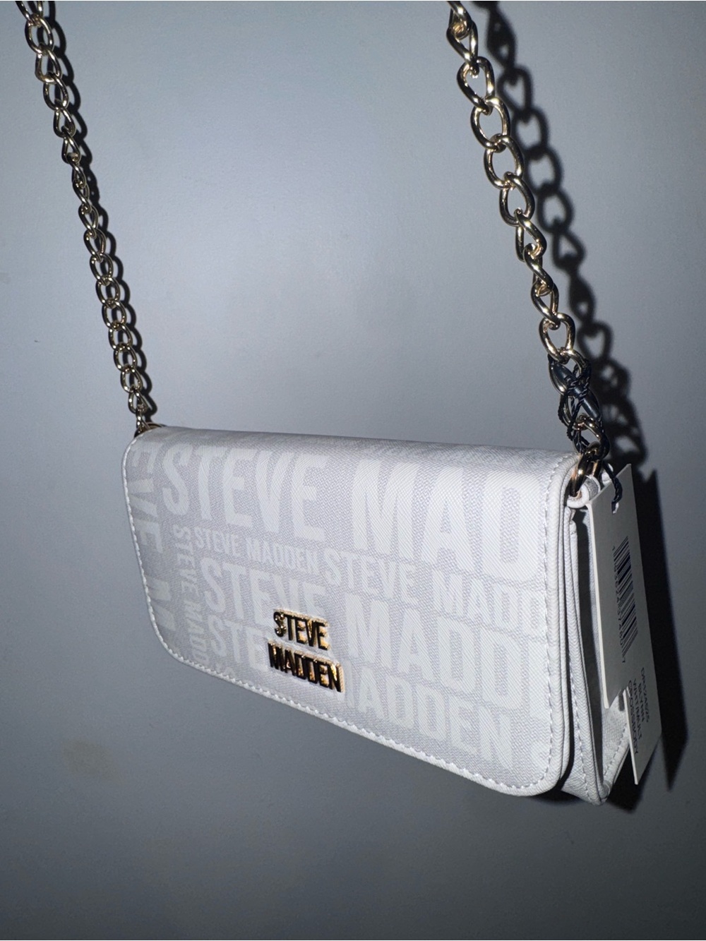 Steve Madden White Logo-Print Crossbody with Gold Chain